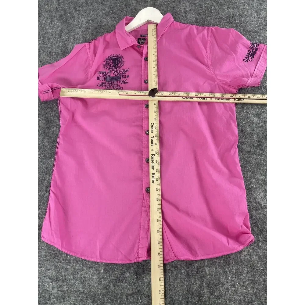 Camp David Shirt Mens Medium Pink Button Up Embroidered Short Sleeve Cotton N30